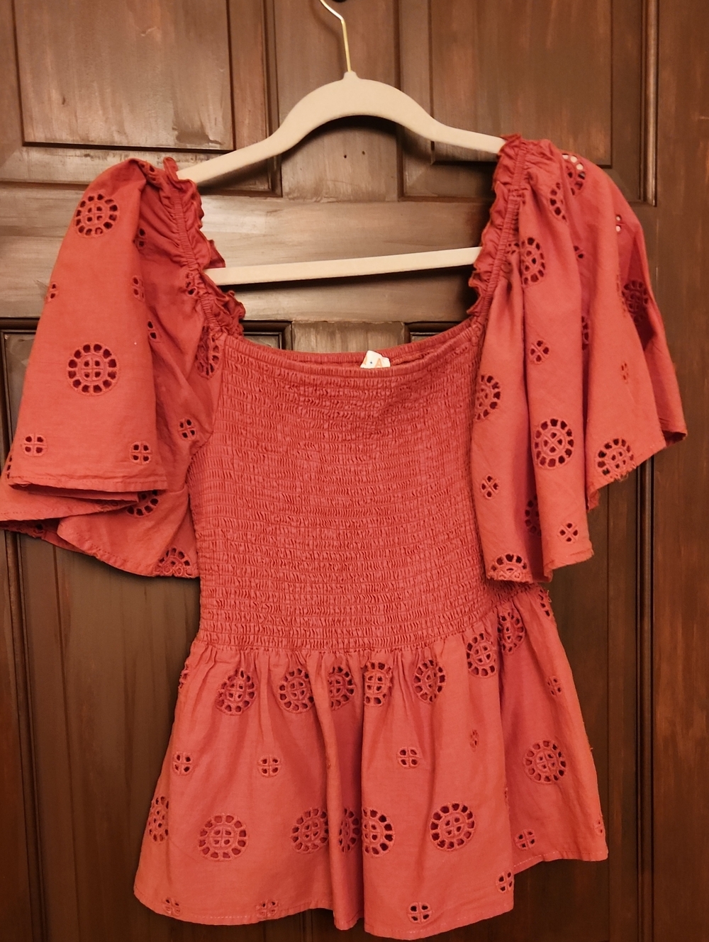 Q+A Los Angelws Rust Red Eyelet Smocked Peplum Top